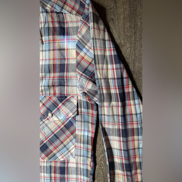 S Vintage Plaid snap shirt.  Slim fit. Thin blue white red beige Grunge 90’s - Picture 8 of 10